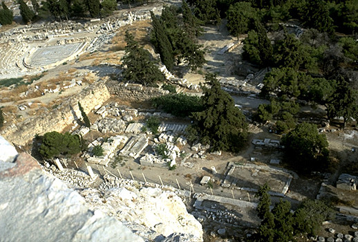 The South Slope of the Acropolis. - Theater of Dionysos and Asklepieion. View from the south wall of the Acropolis. by Kevin T. Glowacki and Nancy L. Klein