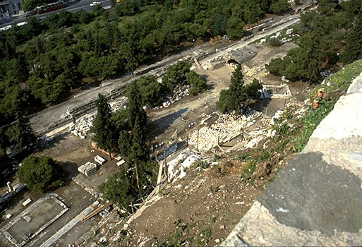 The South Slope of the Acropolis. - Temple of Asklepios and other monuments to the west. View from the south wall of the Acropolis. by Kevin T. Glowacki and Nancy L. Klein