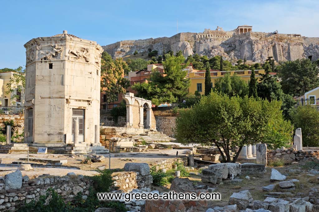 Tower of the Winds - Tower of the Winds or Aerides Tower, at the Roman forum, in the Plaka quarter, Athens, Greece. A graceful stone tower dating back to the first century AD. by Tower of the Winds