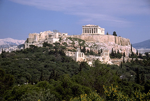 View of the Acropolis from the southwest, showing the Propylaia, the Temple of Athena Nike, part of the Erechtheion, and the Parthenon. Also visible on the Sout  