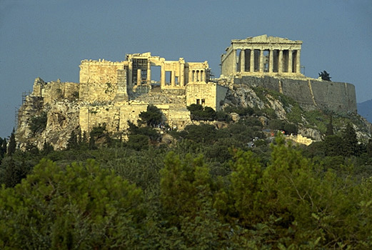 The western approach to the Acropolis, showing the Propylaia, Temple of Athena Nike, and the Parthenon. View from the west (from the Pnyx). ATHENS PHOTO GALLERY - PROPYLAIA by Kevin T. Glowacki and Nancy L. Klein