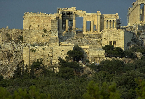 The Propylaia and the western ascent to the Acropolis. - View from the west (from the Pnyx). by Kevin T. Glowacki and Nancy L. Klein