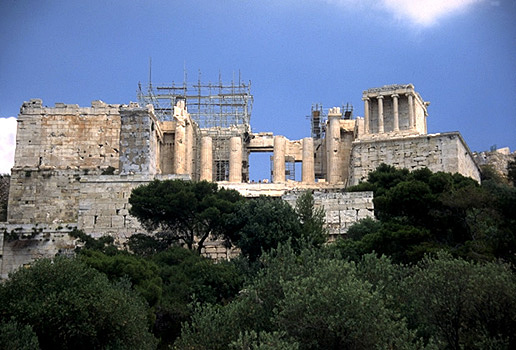 The Propylaia and western ascent to the Acropolis. - View from the west. Photo taken in 1997. by Kevin T. Glowacki and Nancy L. Klein