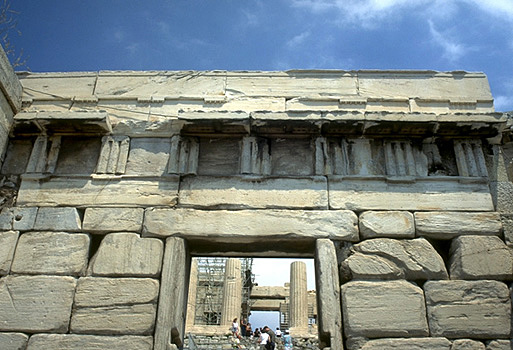 The Beule Gate (The Late Roman entrance to the Acropolis). - Built into the wall above the doorway are remains of the choregic monument of Nikias. by Kevin T. Glowacki and Nancy L. Klein