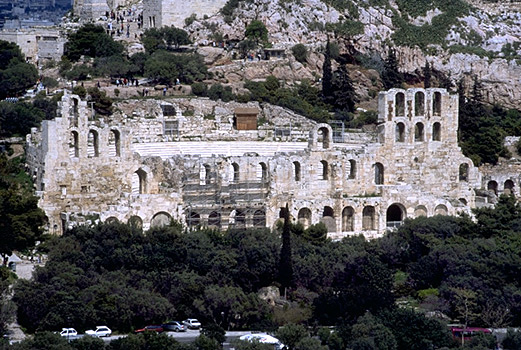 The Odeion of Herodes Atticus on the South Slope of the Acropolis (western half). - View from the southwest (from the Philopappos Monument). Photo taken in 1998.